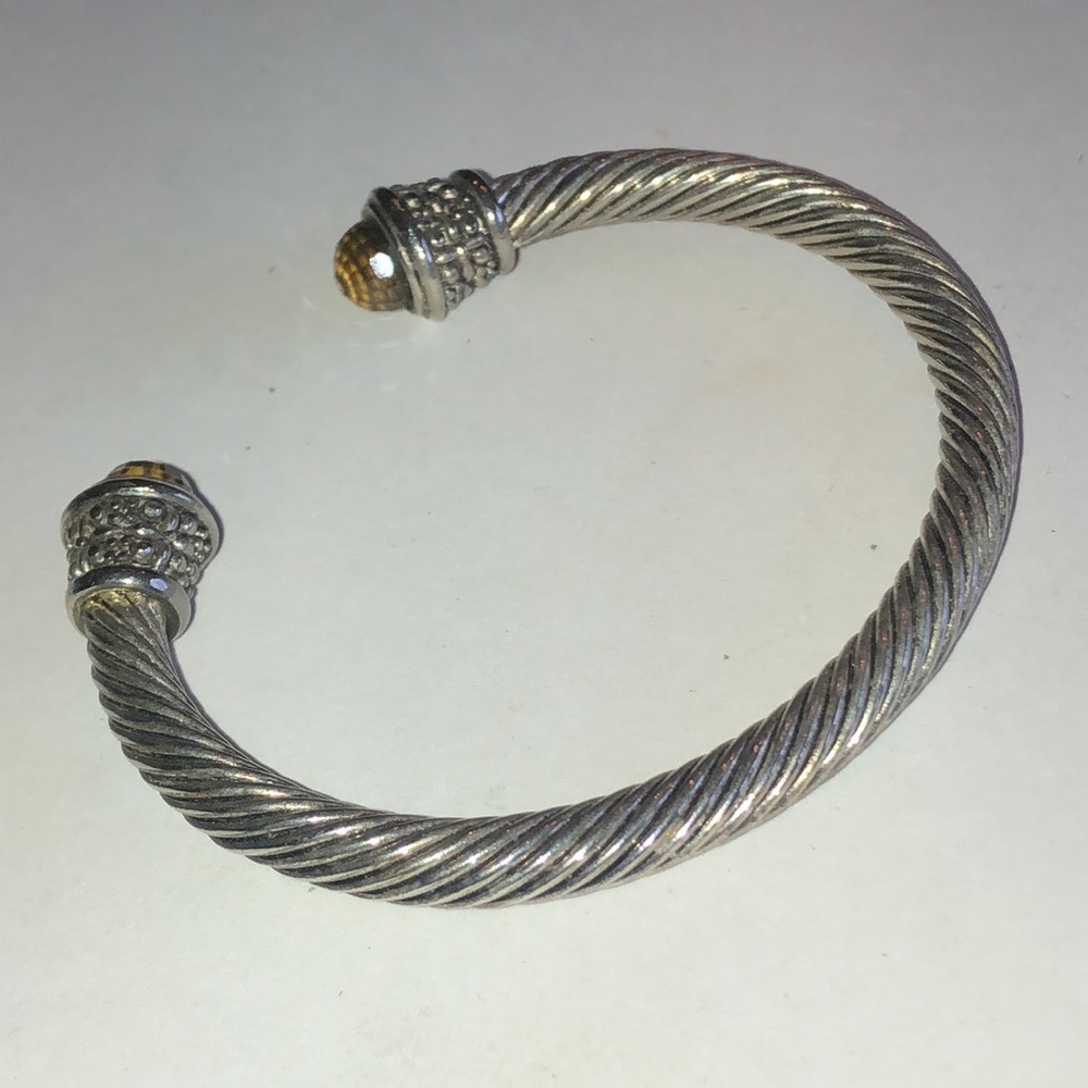 Silver Tone Cable Cuff Bracelet with Green Gem Accents - Picture 3 of 5